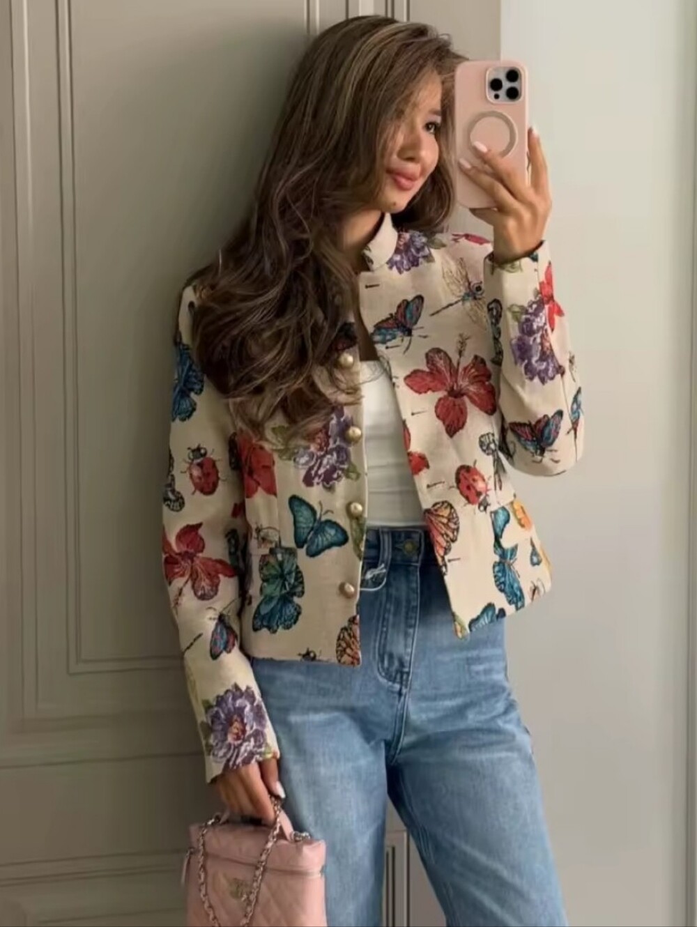 Butterfly Floral Print Cropped Jacket Women Stand Collar Gold Button Long Sleeve - Picture 6 of 7